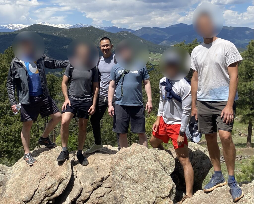 Photo of author and four friends on mountain hike