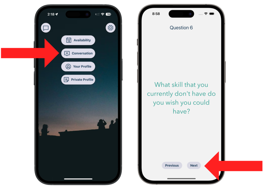 Screenshot of Covalish app, link to Conversation page, and example question ("What is a skill you do not have that you wish you could have?")